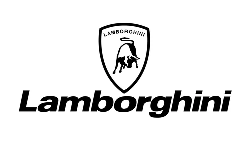Lamborghini symbol in black and white with the bold italic wordmark
